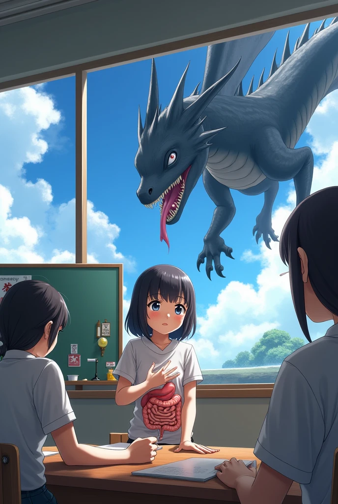 A Japanese girl is in a classroom. She is studying the digestive system. :: There are 5 more female students. :: 1 Japanese female teacher  :: The board has a picture of the stomach. :: There is a model of a stomach on the table. :: She looked out the window. :: There was a black dragon in the sky with four feet, a long tongue, and a mouth full of saliva. , Have wings , Big belly (((full body))) (((realistic)))