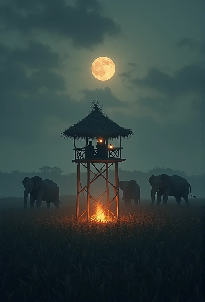 general shot, gray twilight, evening, through the clouds the muddy light of the moon, the flames of a fire are burning out, a corn field, on poles above the ground there is a hut tower made of palm leaves, guards on the tower guard the field and shine powerful lanterns towards the dark silhouettes of elephants, you can see how they shine the eyes of a herd of elephants.