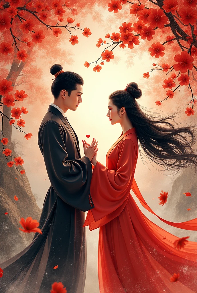 Chinese ink brushstrokes,Van Gogh's Swirl Brushstrokes,Dopamine bright,Pop Art Style,Ancient landscapes,With green,Fusion of poetry and painting,innovative art style,A sweet couple,Energetic and confident young Oriental women and men,Young woman elegant and intellectual,Young men are angry,Wearing ink-and-wash clothing,The romantic atmosphere of Chinese Valentine's Day is full,Movie color scheme,Surrounded by vintage floral patterns,Vibrant brushstrokes,Expressive,full-body shot,illustration,Extreme details,Fine and clear brushwork,Delicate oil painting,Ultra HD resolution,panoramic,Depth of Field,Extreme details,masterpiece,8K resolution