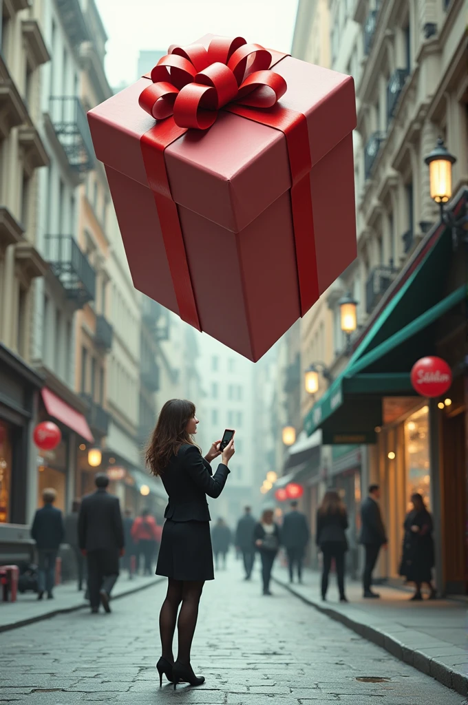 A lady on the street , In front of a hair salon he is standing with the phone in his hand pointing towards the window(as if I were recording with the mobile camera). A giant gift falls from the sky and crushes the lady. Only the box is visible.