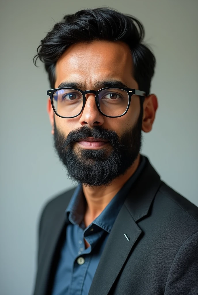 An Indian men in his middle 30 and have glasses and beard and not too old and realistic who works also and have a very detailed pic that looks like a photo not art and very hyper realistic