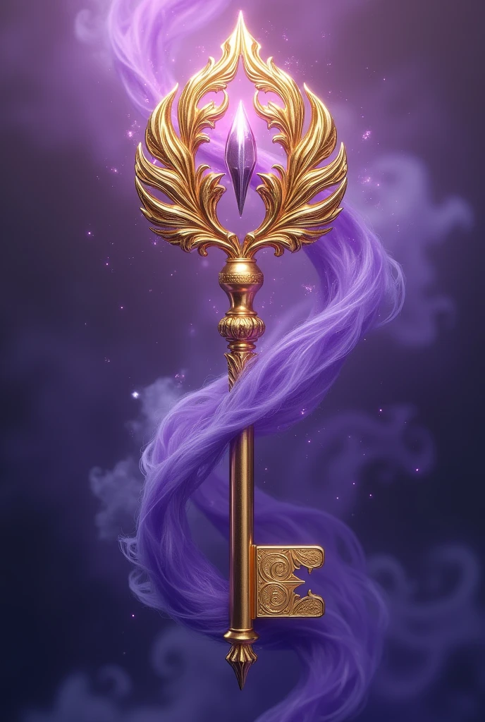 Design of a Whisper of the Wind Key, Representation of a key with a metallic feather shape at its tip and various violet swirl designs around it., The key has to be a golden color.
