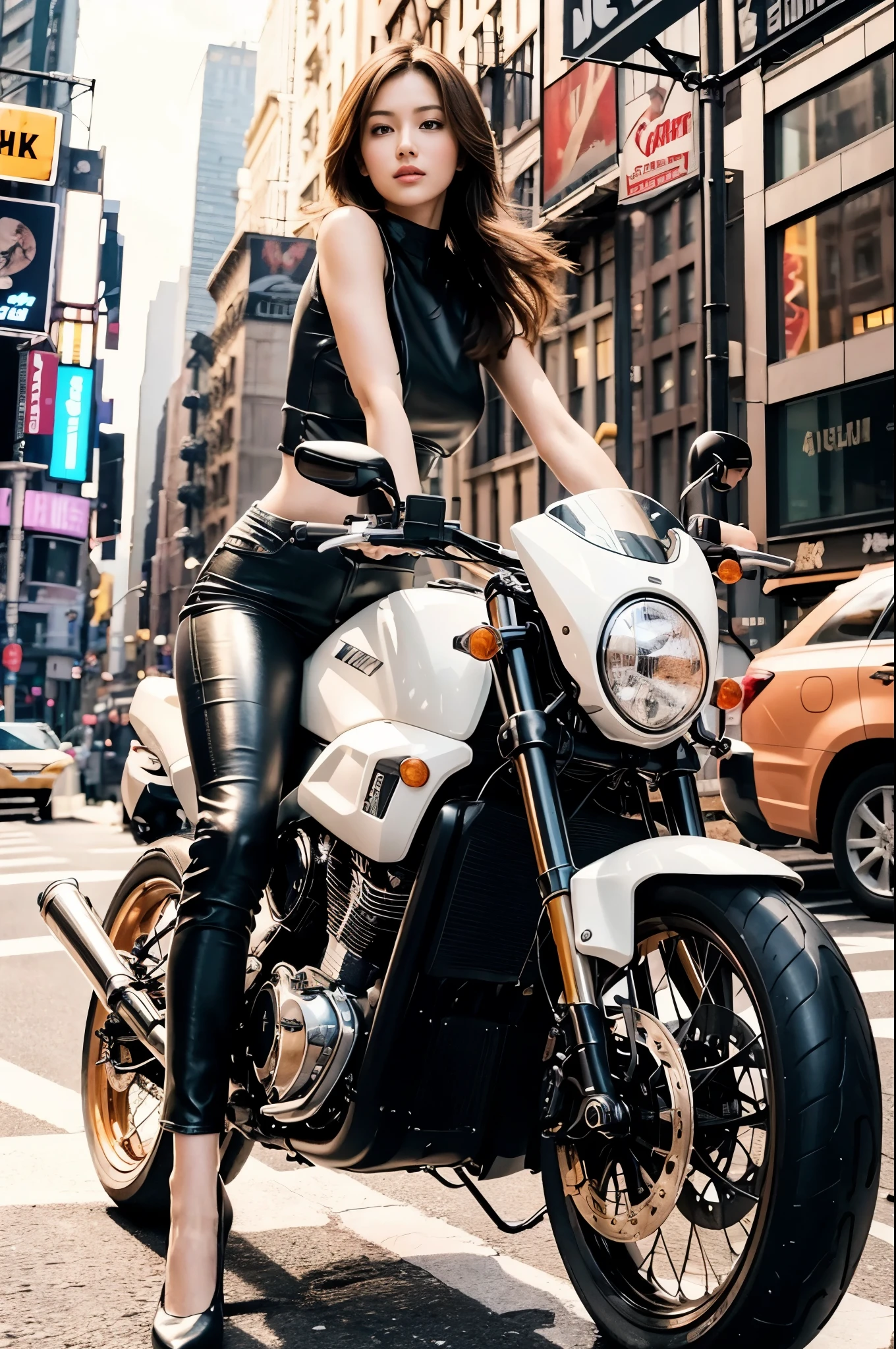 A beautiful girl with long legs in a tight black racing suit riding a motorcycle