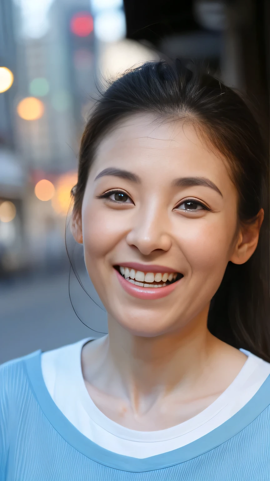 (Very detailed CG Unity 8K wallpaper,Tabletop, Highest quality, Very detailed, (Realistic facial wrinkles:1.2), Looking into the camera:1.2, Big smile、(Laugh with your mouth wide open:1.2), Light on the face:1.2, Downtown Background, Professional Lighting), 40 years old, living in Japan、Mature Woman、(Tight ponytail:1.4), Black-haired, The contours of the face become fuller:1.5, (Thin eyebrows:1.25), big, Bright Eyes, Nose is too small, Soft mouth, physically slim, (Wear a bright blue off-the-shoulder T-shirt), Impression of sincerity, Noble Mix Mod v3.0
