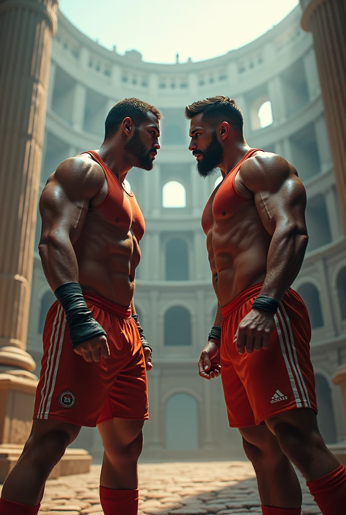 (photorealism: 1.2), two men facing each other, dressed in sports uniforms, interior, Soft lighting,coliseum in the background, confrontation pose, Realistic and intricate details , strong colors, with the name of Giraldo Vs Jolo