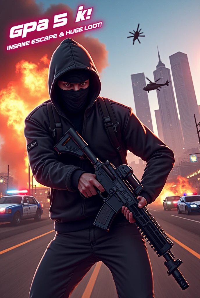 The thumbnail features a high-action scene from GTA 5. In the foreground, a character is in the middle of a heist, wearing a mask and holding a weapon, with intense focus on their face. Explosions and fiery debris can be seen in the background, adding to the chaos. The iconic Los Santos skyline is visible in the distance, with police helicopters and flashing sirens approaching. Bold, vibrant text at the top reads "EPIC GTA 5 Heist!" with a smaller subheading below, like "Insane Escape & Huge Loot!" The colors are saturated, with a mix of bright oranges, reds, and dark shadows to create a dramatic effect.
