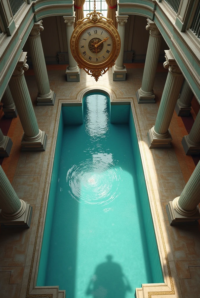 A top view of the building's pool、There is a clock on the ceiling, Pool in a huge palace, Harry Henigsen, Greek Pool, Beautiful aesthetics, Beep. Hyperrealism, David's Chapel, Beep and mike winkelmann, Beep |, puddle, Beep masterpiece, Roman bath, An incredible masterpiece