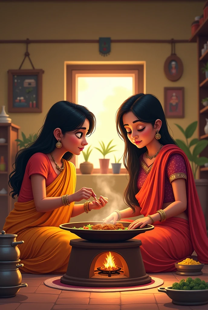 Creat cenematic cartoon style "Scene 2: Inside their cozy home
Background: A modest interior with a traditional Indian kitchen. There is a clay stove with pots and pans. The walls are adorned with simple decorations, and a small window lets in sunlight.
Action:
The Saas is cooking a meal, looking at the Bahu with a loving expression.
The Bahu is sitting nearby, with a disinterested look, glancing at her jewelry or money.
