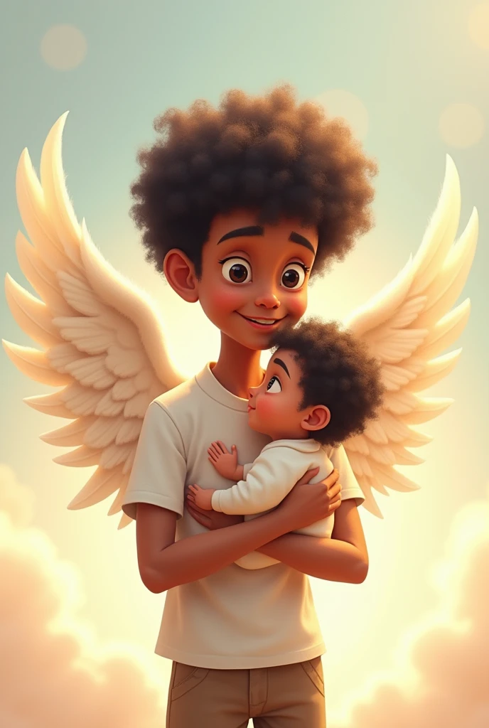 Cartoon of dad and son with curly hair, thin and big eyes. The son must be a baby and the father 2, with angel wings. With the names of Samuel and Rashid