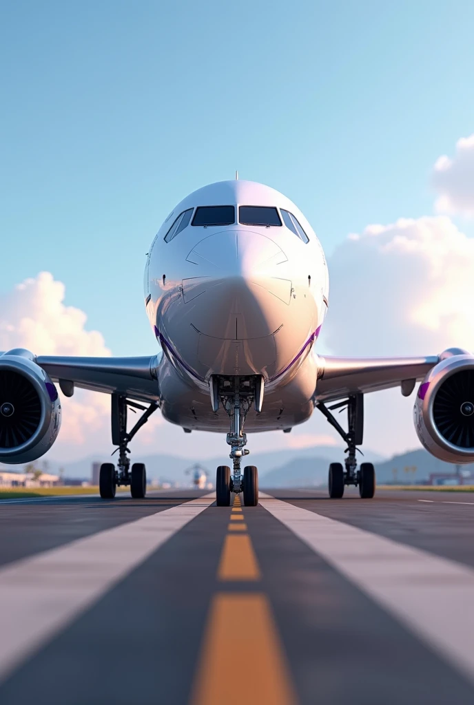Generate one of the best flight landed on airport . Flgiht has purple strip and written thai airways on wings. Take pov in front of flight. Already landed flight. Animated version