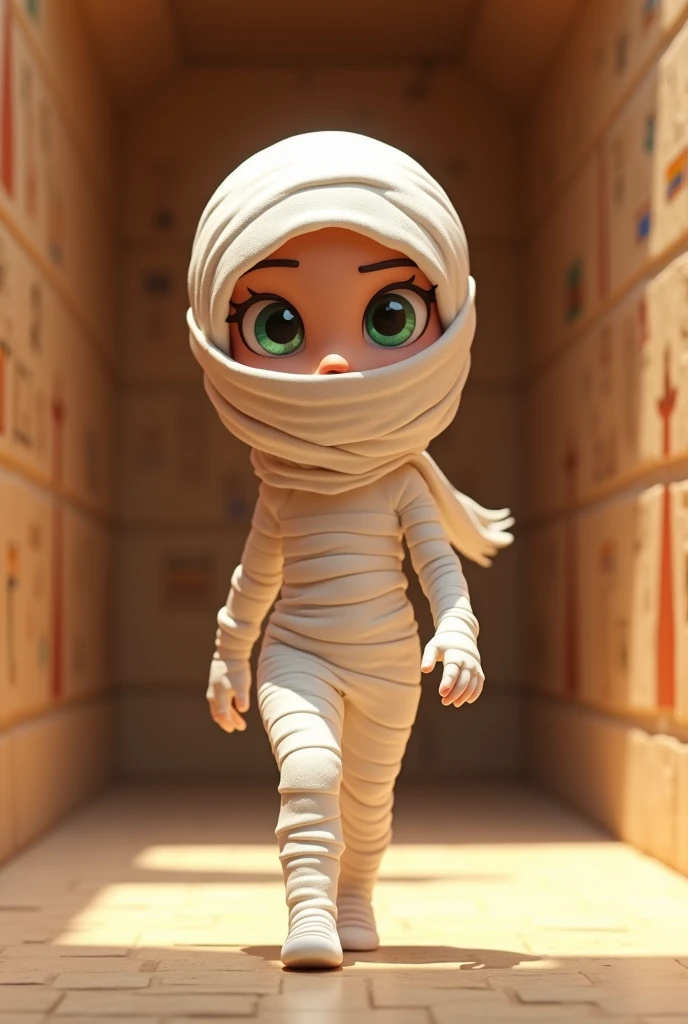 A 3D cartoon-style full-body female mummy, wrapped head-to-toe in bright white bandages, one foot forward in a playful walking pose, large glowing eyes peeking through the bandages, she walks through a corridor painted with hieroglyphs. Created Using: soft textures, toon shading, vibrant colors, exaggerated features, playful expression, hd quality, natural look