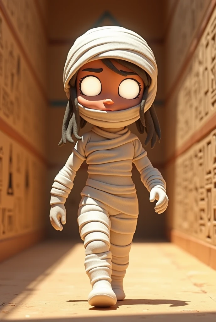 A 3D cartoon-style full-body female mummy, wrapped head-to-toe in bright white bandages, one foot forward in a playful walking pose, large glowing eyes peeking through the bandages, she walks through a corridor painted with hieroglyphs. Created Using: soft textures, toon shading, vibrant colors, exaggerated features, playful expression, hd quality, natural look
