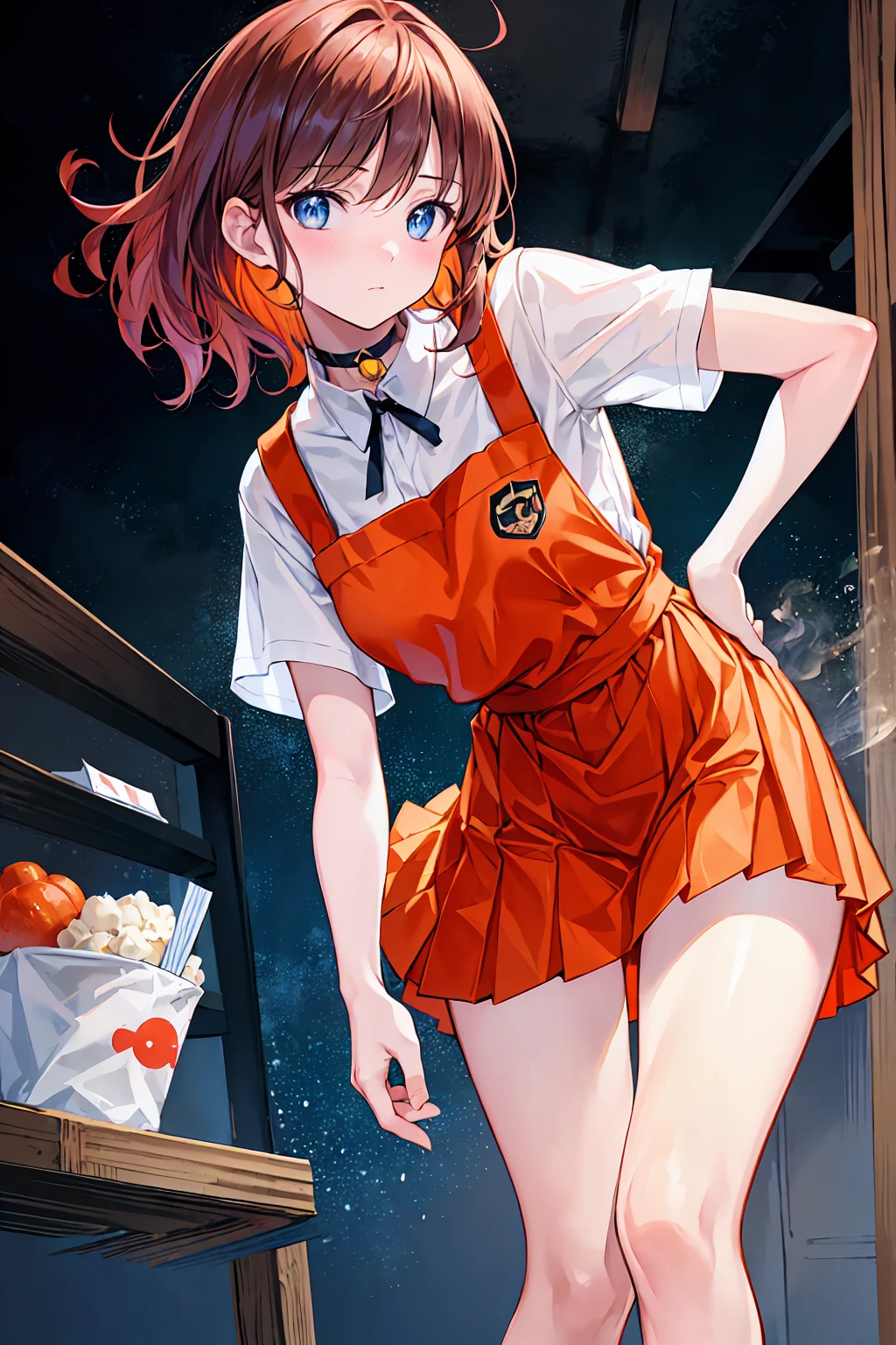 ((Browsing Caution:1.2)),(masterpiece:1.2, Highest quality), (Realistic, photoRealistic:1.4),((throw:1.2)), Beautiful illustrations, (Natural Side Lighting, Cinema Lighting),Looking at the audience, Face Focus, 1 female,(alone),Perfect Face, Perfect body, Symmetrical cute face, Glowing Skin, , Her captivating grey-blue eyes shine like stars, Captivating thighs:1.2,thin,((Leaning forward)),Beautiful Hair, Beautiful Face, thin and beautiful eyes, Beautiful clavicle, Beautiful body, ((Sharp and beautiful)),Beautiful thick thighs, Beautiful legs, Beautiful fingers, ((White short sleeve shirt,Orange Pleated Skirt,Red Apron)),(Blushing and looking at the viewer),At a restaurant,Sit on a chair,Low - Angle,Auburn Hair、choker,Brown Hair,Shortcuts,Messy Hair,Slender beauty,Hall々A positive attitude,Small box,Beautiful legs,
