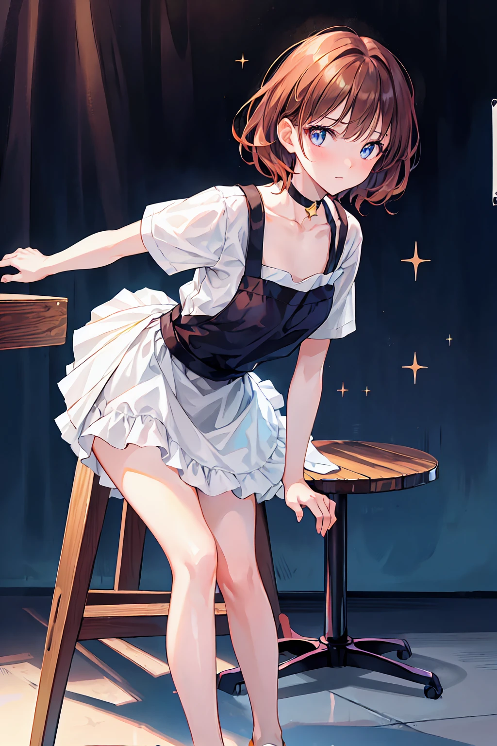 ((Browsing Caution:1.2)),(masterpiece:1.2, Highest quality), (Realistic, photoRealistic:1.4),((throw:1.2)), Beautiful illustrations, (Natural Side Lighting, Cinema Lighting),Looking at the audience, Face Focus, 1 female,(alone),Perfect Face, Perfect body, Symmetrical cute face, Glowing Skin, Baby Face, Her captivating grey-blue eyes shine like stars, Captivating thighs:1.2,thin,((Leaning forward)),Beautiful Hair, Beautiful Face, thin and beautiful eyes, Beautiful clavicle, Beautiful body, ((Sharp and beautiful)),Beautiful thick thighs, Beautiful legs, Beautiful fingers, ((White short sleeve shirt,Orange Pleated Skirt,Red Apron)),(Blushing and looking at the viewer),At a restaurant,Sit on a chair,Low - Angle,Auburn Hair、choker,Brown Hair,Shortcuts,Messy Hair,Slender beauty,Hall々A positive attitude,Small box,Beautiful legs,