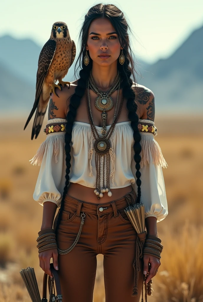 A captivating cinematic image of a fierce Red Indian warrior woman standing proudly in a vast open field, embodying strength and courage. Her long black hair is styled in traditional braids adorned with beads and feathers, adding a touch of elegance. She wears a white, off-shoulder top with intricate beadwork, highlighting her cultural heritage. Tight leather jeans showcase traditional Red Indian tattoos, while moccasin boots complete her attire. A majestic falcon perched on her shoulder symbolizes her connection to nature, and a bow and quiver of arrows at her side emphasize her skills as an archer. The background is a stunning blend of traditional Red Indian motifs and natural elements like tall grass and distant mountains, creating a powerful and awe-inspiring scene. One half of her arm has glowing gold tattoos making her look powerful, photo, cinematic