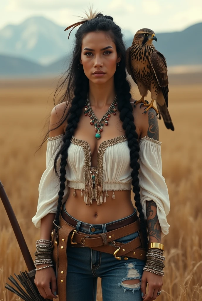 A captivating cinematic image of a fierce Red Indian warrior woman standing proudly in a vast open field, embodying strength and courage. Her long black hair is styled in traditional braids adorned with beads and feathers, adding a touch of elegance. She wears a white, off-shoulder top with intricate beadwork, highlighting her cultural heritage. Tight leather jeans showcase traditional Red Indian tattoos, while moccasin boots complete her attire. A majestic falcon perched on her shoulder symbolizes her connection to nature, and a bow and quiver of arrows at her side emphasize her skills as an archer. The background is a stunning blend of traditional Red Indian motifs and natural elements like tall grass and distant mountains, creating a powerful and awe-inspiring scene. One half of her arm has glowing gold tattoos making her look powerful, photo, cinematic