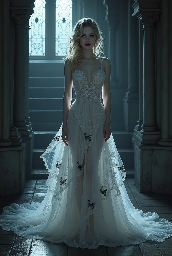 Dark anime fantasy art, fantasy art, goth art, a picture of a female vampire, exquisite beauty, full body shot, dark glamour shot, pale white skin, dark blond hair, long hair, wavy hair, blood red lips, (glowing grey: 1.3) eyes, she wears a (white lace dress: 1.3) exquisite, beautiful, half sheer dress, ((white lace: 1.5)) dress (intense details, Masterpiece, best quality: 1.5), ArmoredDress, the roses are imprinted on the dress (black: 1.4) black roses betmd, high heells, dark castle porchm, dark, black and color