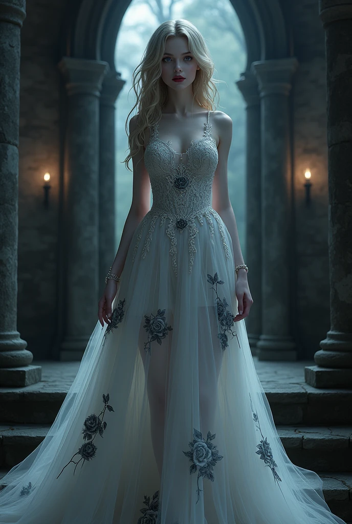 Dark anime fantasy art, fantasy art, goth art, a picture of a female vampire, exquisite beauty, full body shot, dark glamour shot, pale white skin, dark blond hair, long hair, wavy hair, blood red lips, (glowing grey: 1.3) eyes, she wears a (white lace dress: 1.3) exquisite, beautiful, half sheer dress, ((white lace: 1.5)) dress (intense details, Masterpiece, best quality: 1.5), ArmoredDress, the roses are imprinted on the dress (black: 1.4) black roses betmd, high heells, dark castle porchm, dark, black and color