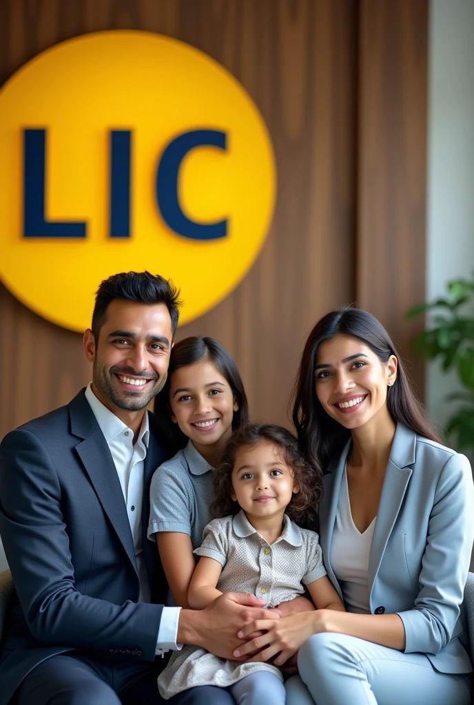Policy brochure or a professional photo of a happy family showing on the back that these are the customers of a lic and lic written on the wall with yellow colour