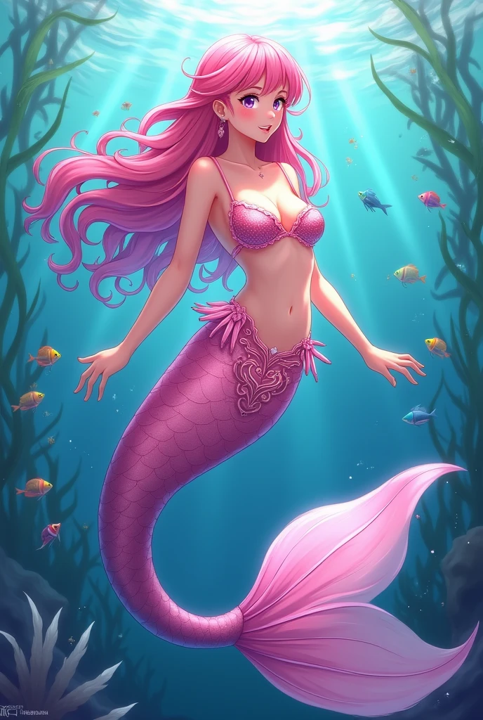 Create an anime style mermaid with pink hair, pink tail and violet eyes