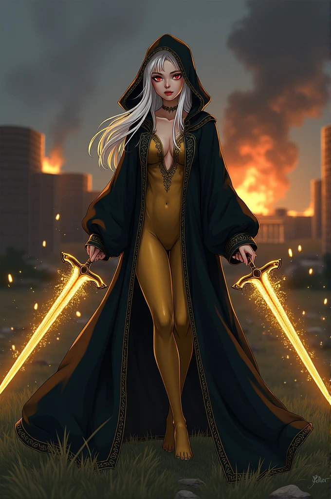 Digital drawing, anime style. Full body shot. Elf woman in heavy black robe with a hood on her head with gold edging. Under the robe she wears golden body suit. She had pale skin, red eyes and white hair. It's late in night, she is standing on grass land, burning settlement with a wall in the background. Golden sparks in the air forming translucent swords around her.