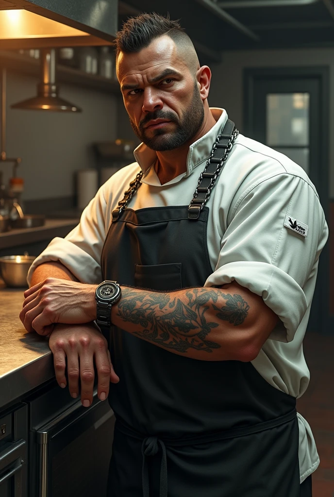 Create an image of a chef character in the style of GTA V, with the signature realistic yet slightly exaggerated look typical of the game. The chef should have a tough, street-smart appearance, with defined facial features, subtle imperfections, and a confident, slightly intense expression. He should be dressed in a traditional chef’s uniform—a white chef's hat, apron, and shirt—but with some edgy, modern details like visible tattoos, a chain, or a rugged accessory. The background should reflect a gritty, urban kitchen environment, consistent with the gritty, detailed style of GTA V.






