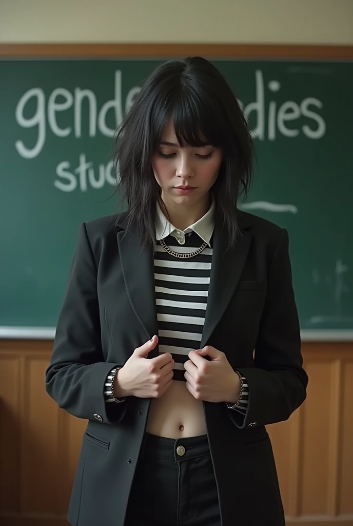 A slutty embarrassed emo girl looking embarrassed in front of a classroom. A blackboard behind her says "Gender Studies" written in chalk. Hiding her crotch in her hands. 