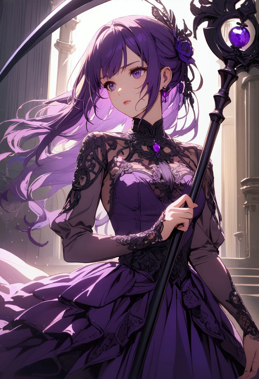 Girl purple hair hold scythe