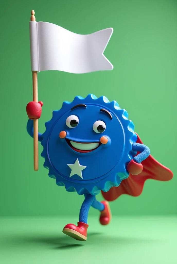 Create a mascot for a politician in the shape of a blue bottle cap as if he were a superhero holding a white flag, running for mayor, with green background