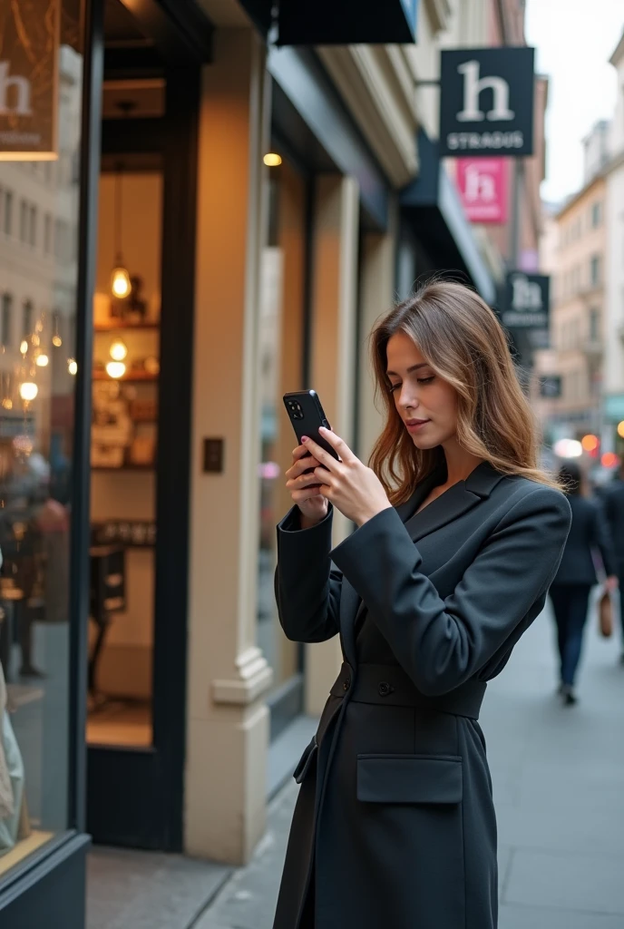 A lady on the street , In front of a hair salon he is standing with the phone in his hand pointing towards the window(as if I were recording with the mobile camera).