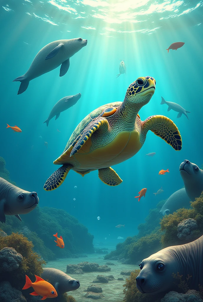Environmental awareness poster, with a happy turtle in the ocean eating a plastic bag and with seals and fish sick from the plastic around.