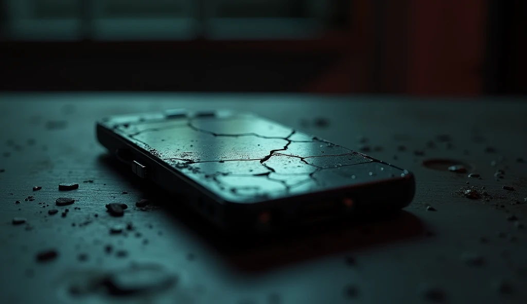 Hyper realistic texture high definition realism ultra hd 8k resolution smooth transition A close-up of a cracked flip phone on the table, showing a text message warning about the cabin. The phone's screen casts a faint glow in the otherwise dark room.