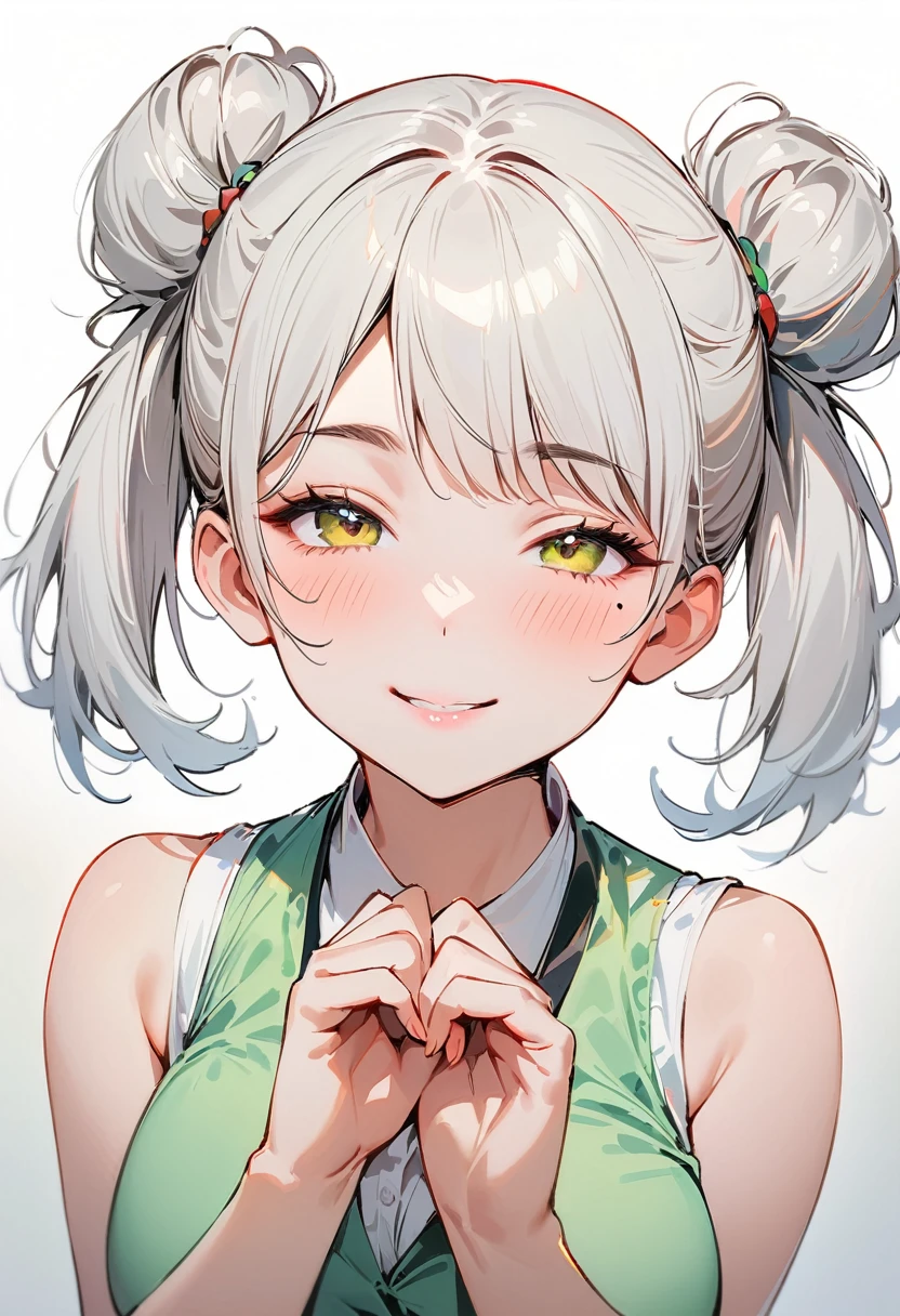 (masterpiece, best quality:1.4), 1 girl, 独奏, Black and white filter, Desaturate, Star pupil, Blurred eyes, Close your left eye, Smile, Look up and down, Fox gesture, Right tear mole, (Double ponytail hairstyle:1.2), large breasts, Mini Girls, Vest, Black and white gradient background.