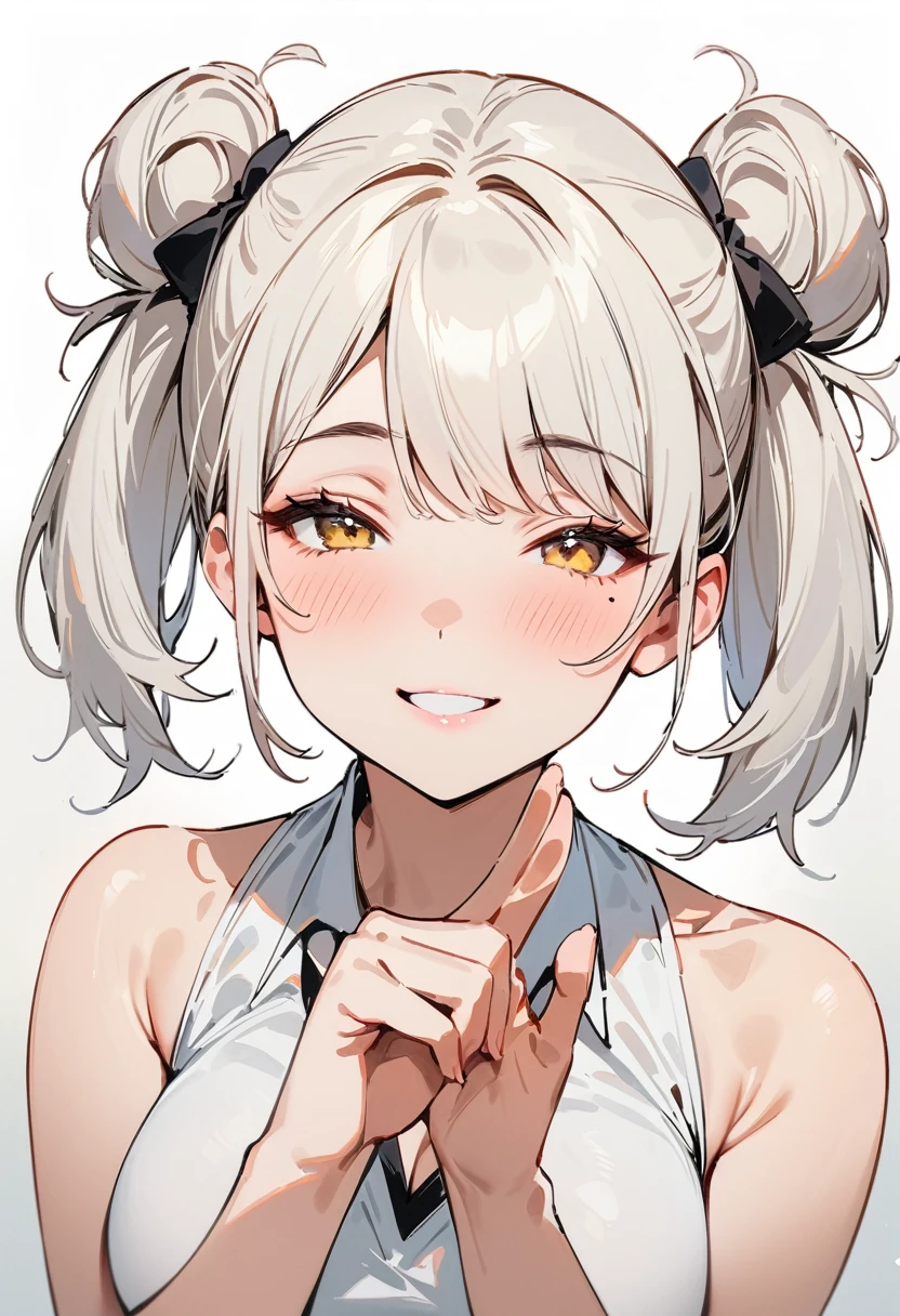 (masterpiece, best quality:1.4), 1 girl, 独奏, Black and white filter, Desaturate, Star pupil, Blurred eyes, Close your left eye, Smile, Look up and down, Fox gesture, Right tear mole, (Double ponytail hairstyle:1.2),  large breasts, Mini Girls, Vest, Black and white gradient background.