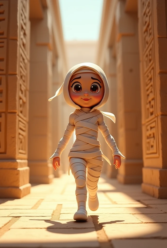 A 3D cartoon-style full-body female mummy, wrapped head-to-toe in bright white bandages, one foot forward in a playful walking pose, large glowing eyes peeking through the bandages, she walks through a corridor painted with hieroglyphs. Created Using: soft textures, toon shading, vibrant colors, exaggerated features, playful expression, hd quality, natural look