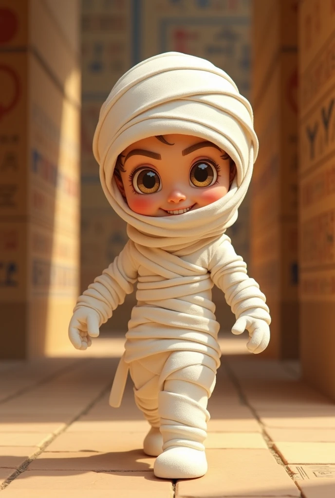 A 3D cartoon-style full-body female mummy, wrapped head-to-toe in bright white bandages, one foot forward in a playful walking pose, large glowing eyes peeking through the bandages, she walks through a corridor painted with hieroglyphs. Created Using: soft textures, toon shading, vibrant colors, exaggerated features, playful expression, hd quality, natural look
