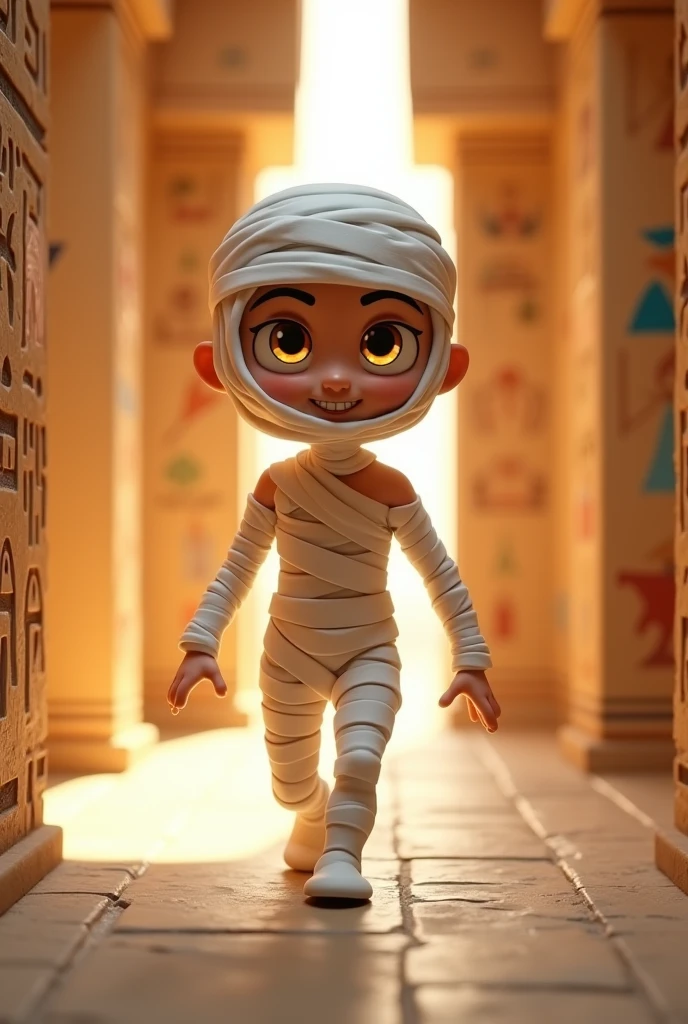 A 3D cartoon-style full-body female mummy, wrapped head-to-toe in bright white bandages, one foot forward in a playful walking pose, large glowing eyes peeking through the bandages, she walks through a corridor painted with hieroglyphs. Created Using: soft textures, toon shading, vibrant colors, exaggerated features, playful expression, hd quality, natural look