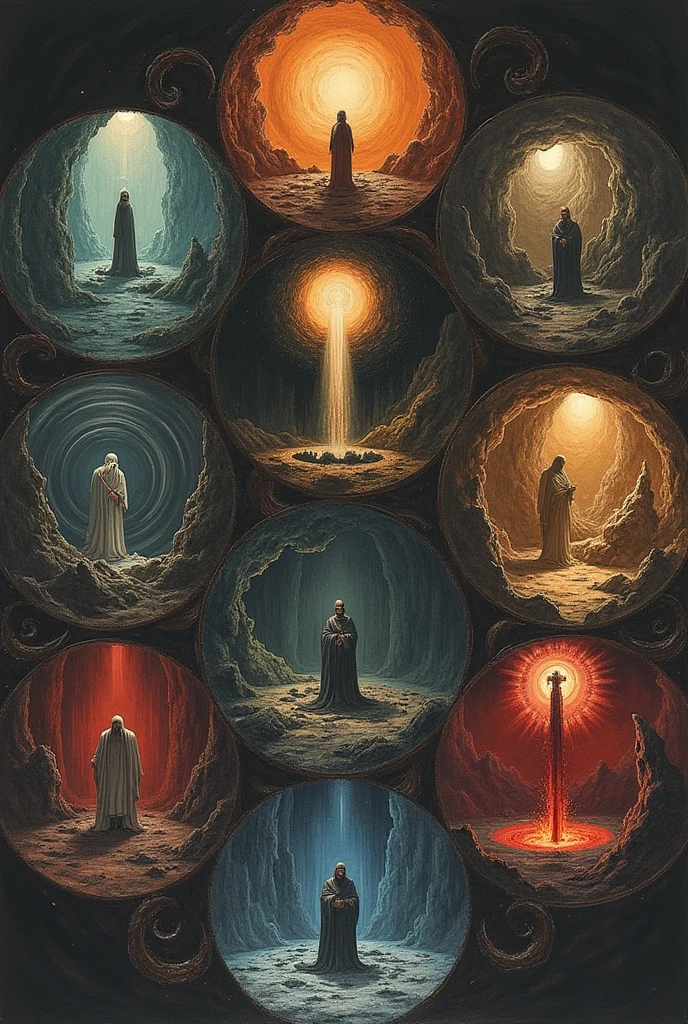 Draw me the 9 circles of the Divine Comedy according to Dante Alighieri , that the 9 drawings are separated and do not join together on a single sheet , You don't understand me, I want you to represent each meaning, that is, represent what the Divine Comedy says according to the circles.