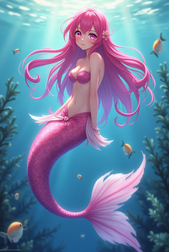 Create an anime style mermaid with pink hair, pink tail and violet eyes