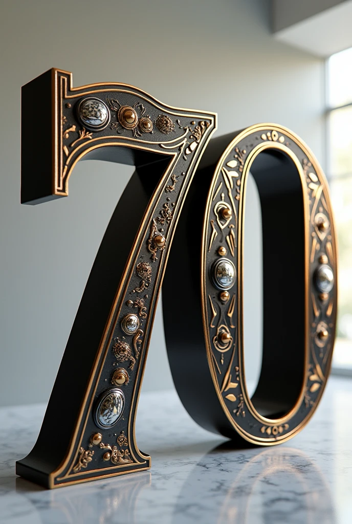 Make me the number 70 birthday decorated in retro style, and 3d and 4k, in black colors, silver and gold, That this number, be very creative, and eye-catching, it has a lot of impact and draws a lot of attention. The number must be facing forward