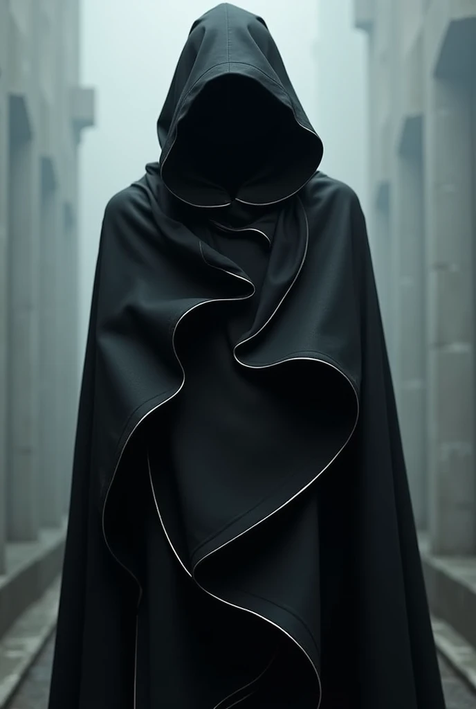 Can't see the face, The cloak covers the whole body, Hood covers face, Black cape, Infinitely looping pattern, The edges of the cloak are designed using a Möbius strip., Paradox theme, Spiral or wavy lines, On one side is a mirror, on the other is normal fabric., White or silver lines, Using special fabrics and coatings