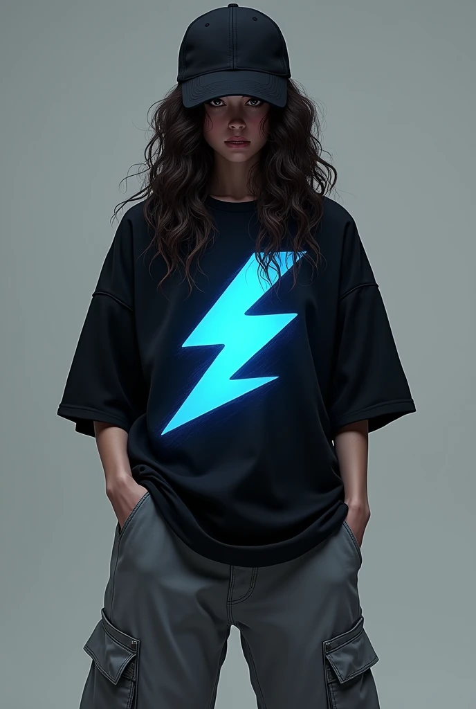 I want to make a game character. A girl with wavy long hair wearing a cap which is hiding her face. She is wearing a black oversized shirt and grey cargo pants. A lightning symbol in blue colour is there the black shirt of hers. This is a mysterious character and she is playing the role of mastermind in my game. The cap is hiding her face.