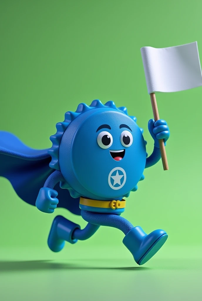 Create a mascot for a politician in the shape of a blue bottle cap as if he were a superhero holding a white flag, running for mayor, with green background