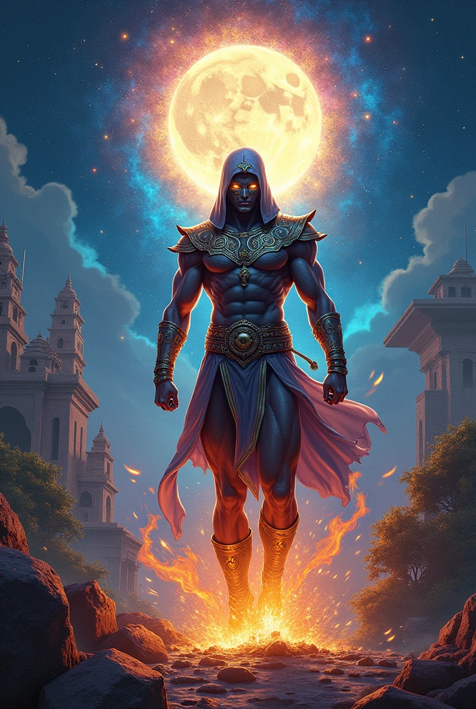 Full body Illustration of (a ((multiple-arm)) demiurge god, he has glowing red tattooed glyphs all over his naked muscular chest, glowing dark blue skin, he wears lich golden and black robes and cloak, mysterious face, evil, cosmic background, meditation pose, ((extra arms))) by Wlop and Artgerm, highres, octane rendered, centered, intricate, masterpiece, cosmic supernovas on the background