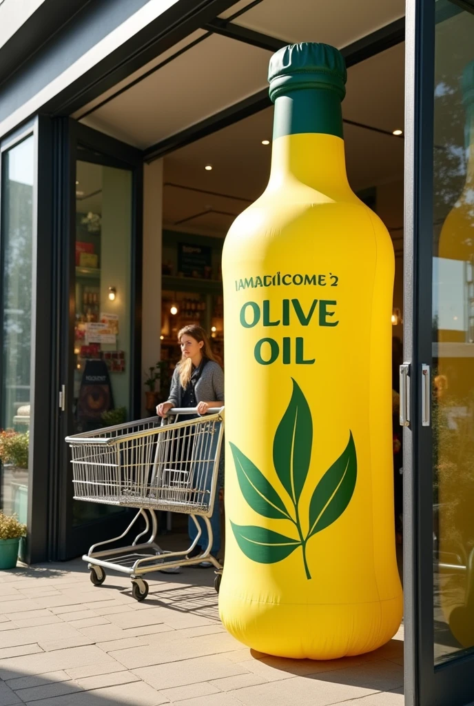 an inflatable olive oil bottle, at the door of a supermarket, customers entering with the shopping cart, big doors, photo taken from the outside, sunshine light, high qualiy