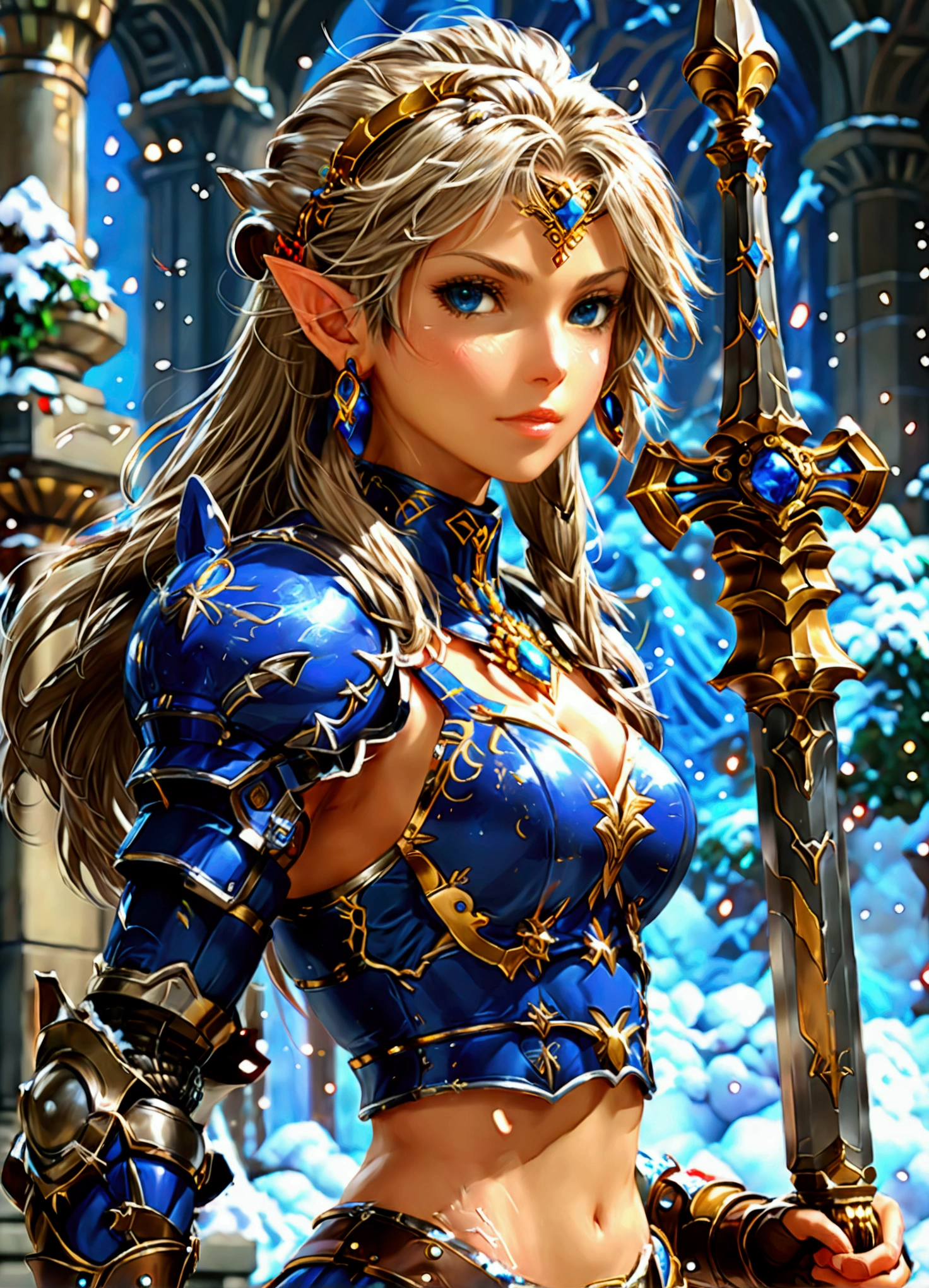 (Lenneth from 'Valkyrie profile':1.4), BREAK: bright_gold_trimmed_sapphire_blue_plate mechanical_armor, (damaged chest armor exposing skin:1.3), glowing sword raised in victory, thigh cutout, long skirt, sapphire armored boots (without heels:1.37), BREAK: (wide angle:1.27),full length portrait, standing, contrapposto stance, light smile, magical castle ruins, fluffy snow falls, BREAK: detailed face, detailed hands, (16k, absurdres, masterpiece, best quality), fantasysword, wings on hips