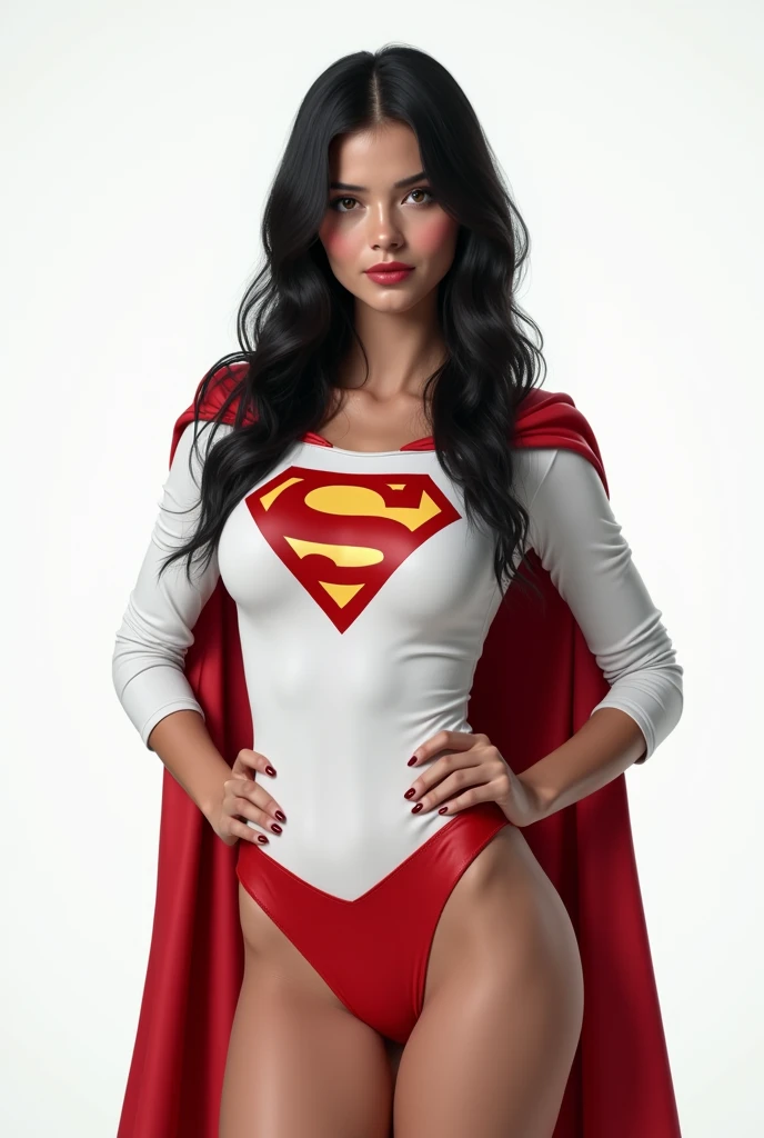 dominican, visible from a white shirt (((masterpiece, highest quality)), no panties, wearing Supergirl costume, 1 girl, (photorealistic: 1.4), solo, white background, black hair, long hair, absolute area, skirt, ((full body)), HD, high quality, very detailed, hyper realistic