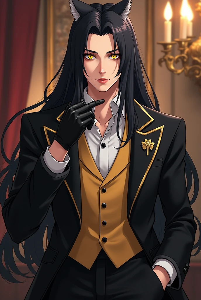Create an anime style image of my character: It&#39;s called Dahak, lives on earth. stomach 1.97, Her hair is black and long to her waist. Her skin is white with pink undertones.. His eyes are golden and his pupils are slanted like those of a feline.. He is 2. His body type is inverted triangle. (shoulders wider than hips), Your somatotype is mesomorphic. He is muscular and strong. He has a serious and attractive expression.. He is dressed in an elegant black suit with gold details., and a yellow vest. His jacket has a gold chain clasp.. It has no horns or wings.. He has black leather gloves on his hands.. She has bushy eyebrows and thick, beautiful eyelashes.. He is very handsome. And it&#39;s in his 1800&#39;s Victorian style mansion. He looks handsome. And his features are pretty, masculine but delicate.. And her pale skin 