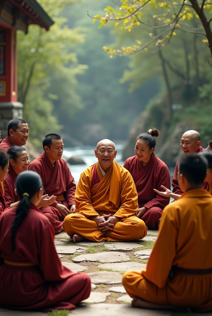 Bhutanese people joking infront of a monk meditating while the monk remains serious