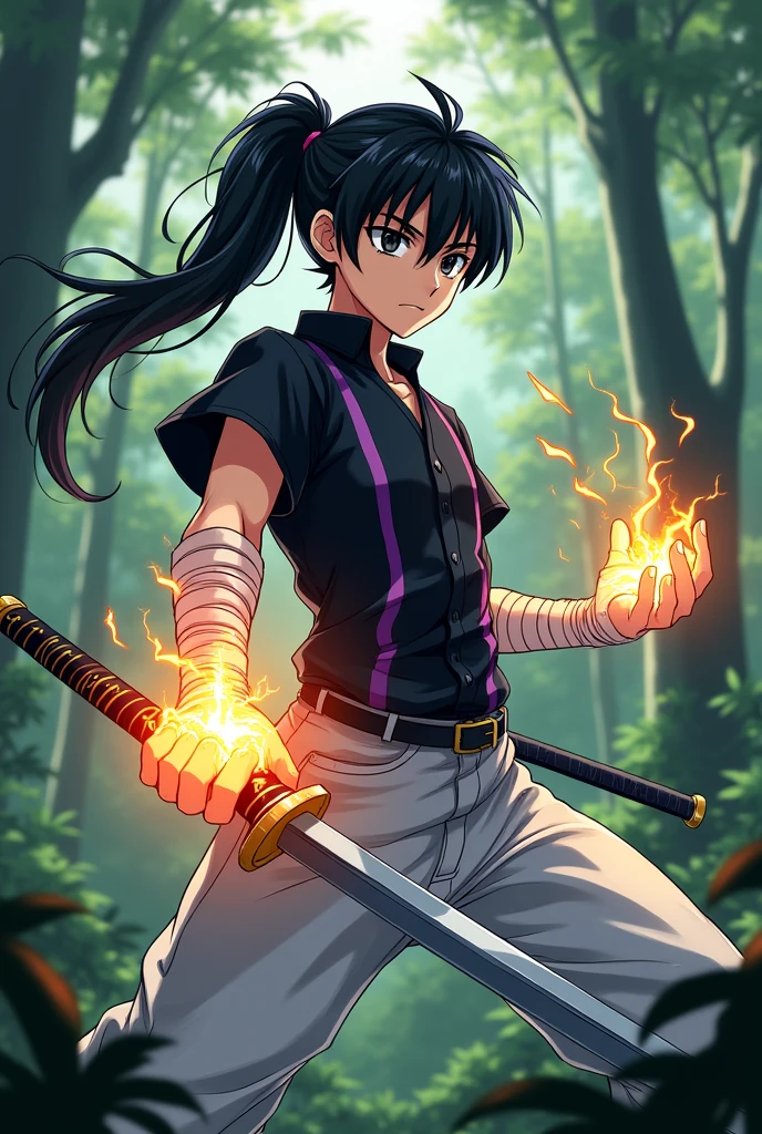 Young character 2 anime man with black hair with a ponytail and black eyes serious with a black shirt with purple stripes, white pants, lightning katana and fire hand and in a forest with bandages on the hands full body
